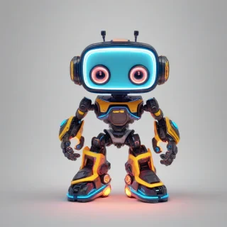 A cute, video game robot with a stumpy body, big eyes, and a cubic face, standing in a full-body view with its feet visible, on a plain white background, in a comic book art style with bold neon lines and bright colors, with a wide-angle shot and bright lighting, on a plain white background, even lighting 