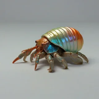plastic toy, pearlescent colored hermit crab, bright lighting, on a plain white background, even lighting