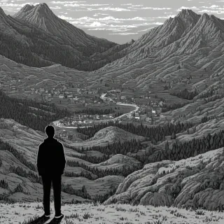 Cute black and white pixel art of a person looking at a pixel art landscape