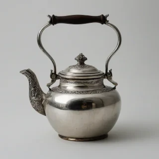 Vintage silver plated tea pot on a plain white background, even lighting