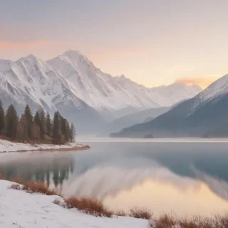 a serene and peaceful mountain landscape at sunrise, with a wide shot of the snow-capped mountains, a lake in the foreground, and a few trees scattered around, all set against a plain white background, with a warm and soft lighting, and a subtle mist effect to enhance the atmosphere, in the style of a digital painting