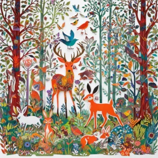 A colorful paper cutout art of a forest scene with various animals such as deer, rabbits, foxes, and birds, in a whimsical and intricate design, with bold lines and vibrant colors, set against a plain white background, in a full-body view, with the animals visible from head to toe, in a wide shot, with the forest floor and trees visible in the background