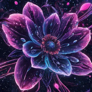 Anime sci-fi flower in space, cosmic petals with dew drops refracting neon light