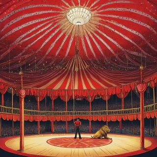 Circus stage under big red tent with lion in the center and the trainer in pointillism style