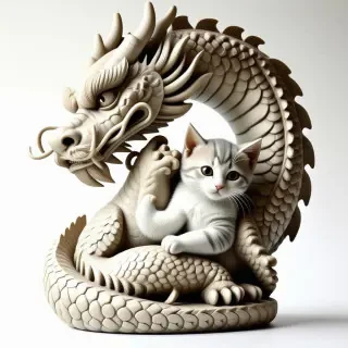 A Greek statue of a dragon snuggling a kitten