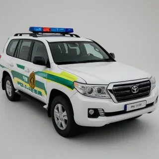 A 2014 Toyota Land Cruiser police car, Guardia Civil edition, in a wide shot with all four wheels visible, on a plain white background, with a matte finish and realistic lighting, in the style of a high-quality automotive photograph, on a plain white background, even lighting