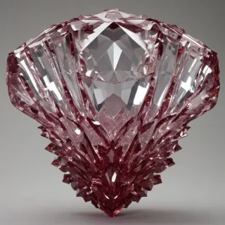 A large, intricate crystal formation in a rich burgundy color, with a Baroque-inspired shape and ornate details, set against a plain white background, full-body view, wide shot, with visible facets and reflections, in a realistic and highly detailed style