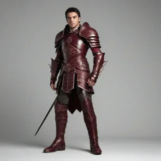 A full-body view of a piece of maroon, Gothic-style armor, with intricate engravings and ornate details, set against a plain white background, in a wide shot, with dramatic lighting and dynamic shadows, in the style of a digital illustration