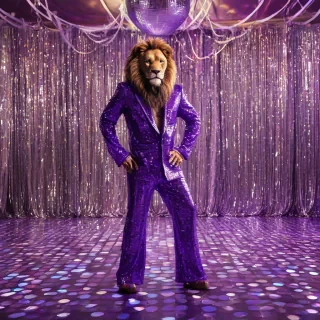 Anthropomorphic lion in purple sequins jumpsuit on disco dance floor