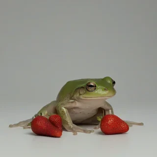 A frog sitting next to a strawberry, on a plain white background, even lighting 