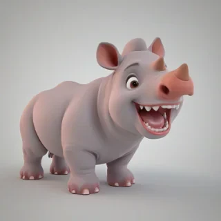 A cartoon style cute coral colored baby rhino with a smile, in 3D animation style, full-body view, with bright and vibrant colors, standing on a plain white background, with a wide-angle shot, and dynamic lighting, featuring a small, rounded body, large eyes, and a tiny nose, with a happy and playful expression, on a plain white background, even lighting, on a plain white background, even lighting, on a plain white background, even lighting 