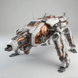 A four-legged, full-body view of a detailed, high-tech, futuristic cybernetic tank with copper wiring, a fusion reactor, and a sleek, aerodynamic design, set against a plain white background, with a wide-angle shot and dynamic lighting, in the style of a digital illustration with intricate details and neon-lit textures., on a plain white background, even lighting, on a plain white background, even lighting 