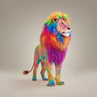 A rainbow lion with a shaggy mane and vibrant, multicolored fur, full-body view, standing on a plain white background, with a wide-angle shot and soft, natural lighting, in a digital art style with bold lines and bright colors