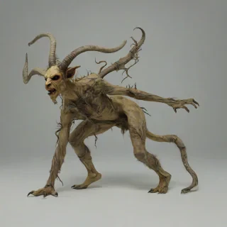D & D style a terrifying, horror fantasy Faun, set against a plain white background, in a wide shot with its full body visible, including its feet, with bold lines, and vibrant, with bright lighting, on a plain white background, even lighting