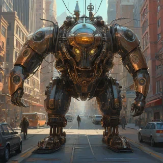 Retro futurism art of a large steampunk creature with exposed copper wiring and brass fixtures attached to its body, with wires swinging downwards as small steampunk vehicles drive underneath its legs in the style of Syd Mead, Syd Mead-inspired, or Syd Mead style, in a city with visible metal shine and ornate gears