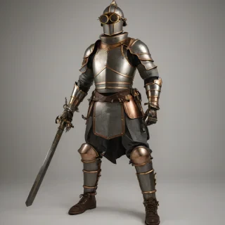 A dieselpunk knight in a full-body view, wearing a suit of armor with a mix of medieval and industrial elements, such as brass accents, copper pipes, and leather straps, with a pair of goggles on the knight's forehead, standing on a plain white background, with a wide-angle shot, and a soft, warm lighting, in the style of a digital illustration, on a plain white background, even lighting, on a plain white background, even lighting 