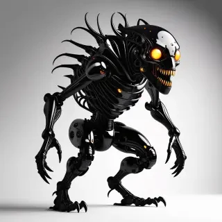 A full-body view of a unique, sci-fi monster, with amber-colored, glowing eyes and sharp teeth, set against a plain white background, in a wide shot, with a dark, ominous atmosphere, and intricate, biomechanical details, in a digital art style