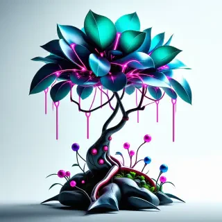 A full-body view of a vibrant, neon-lit Aquamarine plant with intricate, glowing circuitry and metallic pink accents and metallic pink accents, set against a plain white background, in a futuristic, cyberpunk style, with dynamic shadows and a wide-angle shot
