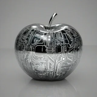 A shiny silver apple with a metallic sheen, reflective surface, and intricate circuitry patterns, on a plain white background, full-body view, wide shot, with feet visible, in a sci-fi setting, with neon lights and a futuristic atmosphere, digital art style, high contrast, and dynamic shadows, on a plain white background, even lighting 