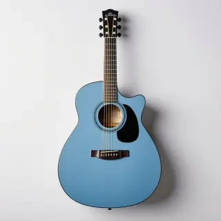 A photorealistic, sky blue, acoustic guitar, in a wide shot, with the entire instrument visible, including the headstock, body, and strings, on a plain white background, with soft, natural lighting, and subtle shadows to accentuate the curves of the instrument