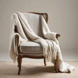 A rustic French country style chair with a soft, woven blanket draped casually over the back, in a wide shot, full-body view, with the chair centered on a plain white background, warm lighting, and a shallow depth of field to emphasize the chair's intricate details, in the style of a cozy, rural French countryside, on a plain white background, even lighting