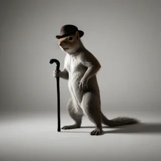A brown, full-body view of a squirrel, with a film noir style, set against a plain white background, with dramatic shadows and a low-key lighting, wearing a detective hat and holding a cane, in a wide shot, with high contrast and a sense of mystery, on a plain white background, even lighting, on a plain white background, even lighting, on a plain white background, even lighting 