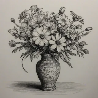 Sketch drawing of a vase of flowers