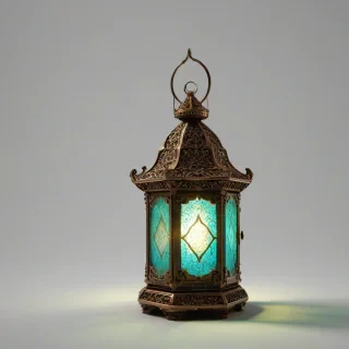A highly detailed, magical glowing lantern with intricate bronze details and a Byzantine colored glowing jewel at its center, set against a plain white background, in a wide shot with the lantern's base visible, illuminated by soft, warm lighting with dynamic shadows, in the style of a fantasy illustration with subtle texture and depth, full-body view of the lantern, on a plain white background