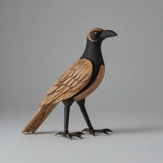 Handcrafted wooden crow, on a plain white background, even lighting