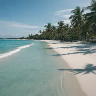 A serene beach scene with white sand, turquoise water, and palm trees, with a gentle breeze creating subtle ripples on the water