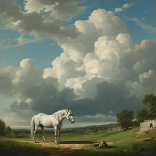 A serene neoclassical landscape with a horse in a lush green pasture, surrounded by big fluffy white clouds in the sky, in the style of a 18th-century European master painter
