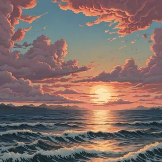 Ukiyo-e style of a beautiful sunset over a calm ocean with fluffy clouds overhead, with the setting sun turning the clouds pink