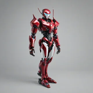 Crimson robot, full-body view, anime style, on white background