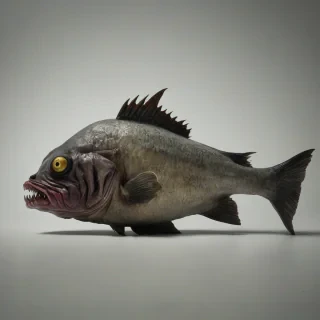 a grotesque, eerie, and ugly fish with sharp teeth and bulging eyes, full-body view, on a plain white background, in a wide shot, with dramatic lighting and dark shadows, in the style of a horror movie poster, with vibrant and ominous colors, on a plain white background, even lighting 