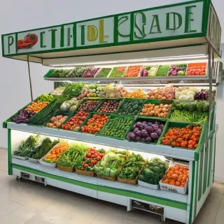 Cartoon style vegetable stand, vibrant colors, wide angle, full body visible, no background, on a plain white background, even lighting