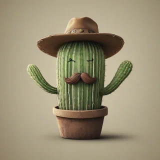 Ghibli-style of a cactus wearing a cowboy hat and a mustache