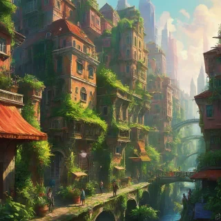 Vibrant ecopunk cityscape, lush greenery, colorful buildings, Marc Simonetti art style, on white