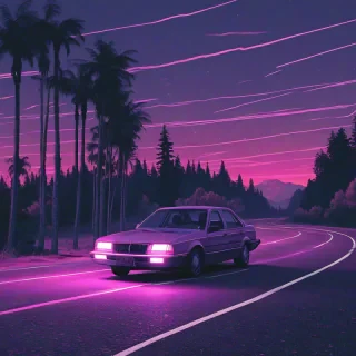 vapor wave scene with a car on a road