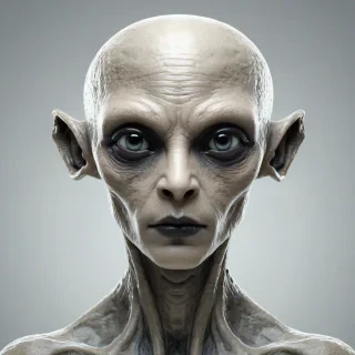 Extraterrestrial head, with large black eyes, on a plain white background, even lighting