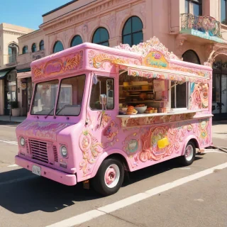 A vibrant, pastel-colored food truck, named Plum, in a wide shot with the entire truck visible, including wheels and license plate, decorated in a playful, Rococo style with intricate carvings and ornate details, set against a plain white background, with bright, natural lighting and dynamic shadows, in a digital art style with bold lines and textures