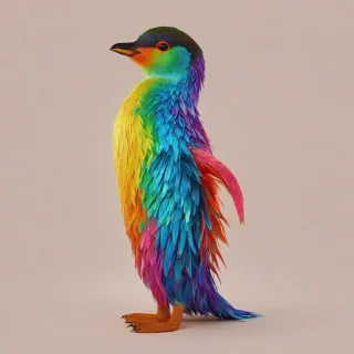 A rainbow penguin, full-body view, standing on a plain white background, with vibrant and bright colors, detailed feathers, and a happy expression, in a digital art style with bold lines and textures
