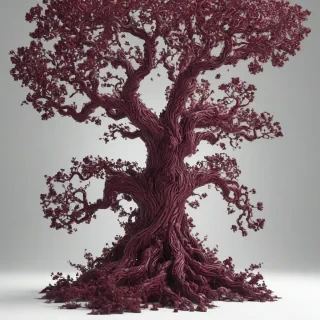 A full-body view of a majestic, maroon-colored, enchanted tree with intricate pixel art details, set against a plain white background, with a wide shot to capture its grandeur, and dynamic shadows to accentuate its mystical aura, in a digital art style with a mix of surrealism and fantasy elements, on a plain white background, even lighting 