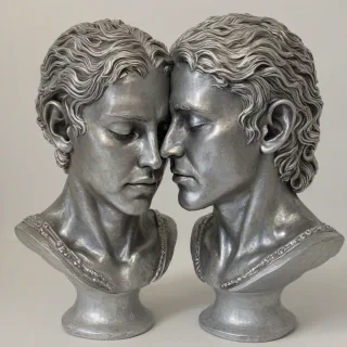 A silver statue of two human heads with their eyes closed, facing each other and resting their foreheads against each other in a loving way, in a wide shot, full-body view, with the entire sculpture visible, on a plain white background, with soft, warm lighting and gentle shadows, in a realistic, detailed style, with intricate texture and subtle expressions, on a plain white background, even lighting