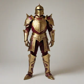 A full-body view of a piece of burgundy fantasy armor, with intricate golden details and a regal design, set against a plain white background, in a wide shot, with a soft, warm lighting and a slight backlight to accentuate the armor's textures, in the style of a digital illustration with bold lines and vibrant colors