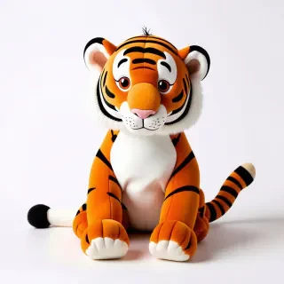 A tiger stuffed animal that is missing on of its button eyes and has a slight rip in its right arm as it sits limply like a ragdoll