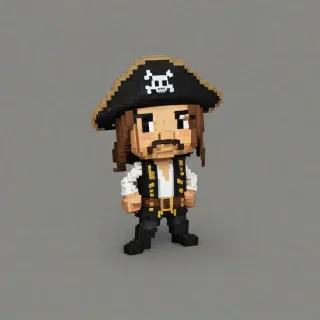 3d chibi pixel art of a pirate, on a plain white background, even lighting