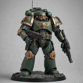 Genera un modello 3d di un soldato futuristico vagamente ispirato ad uno space marine di Warhammer 40k. Il soldato indossa un'armatura potenziata, on a plain white background, even lighting