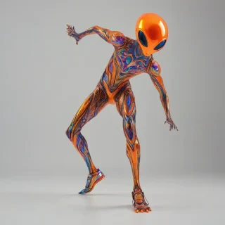 A vibrant, orange, alien creature with iridescent skin, standing in a full-body view, with a dynamic Afrofuturism style, set against a plain white background, with a wide-angle shot, and a sense of movement, as if it's about to jump into action, with a mix of digital art and 3D elements, and a bold, neon-lit cityscape in the background, with a focus on the alien's intricate, swirling patterns and textures, on a plain white background, even lighting 