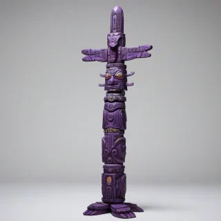 full-body view of a purple biopunk totem pole on a white background, on a plain white background, even lighting 