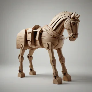 A full-body view of a wooden Trojan horse, with a wide shot, on a plain white background, in the style of a digital illustration, with backlight and dynamic shadows, and the wooden texture is clearly visible, with a bird’s eye view perspective, on a plain white background, even lighting 